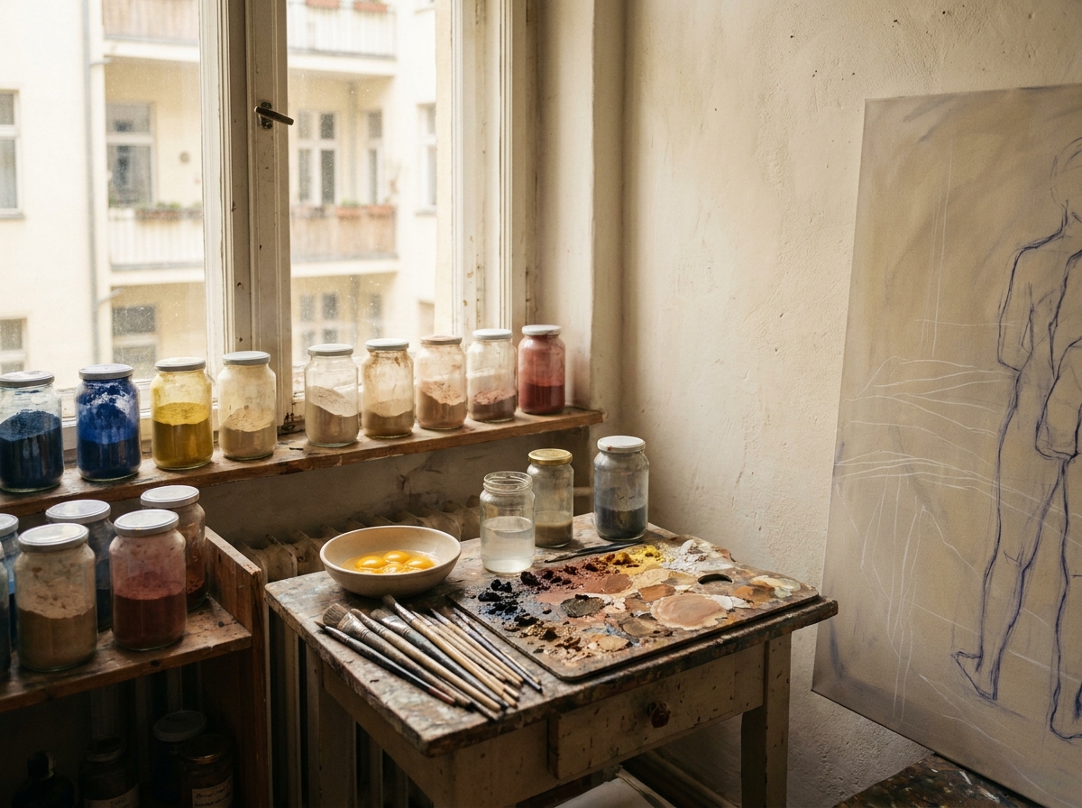 Atelier von Miriam Vlaming in Berlin: handgemischte Pigmente und Ei-Tempera